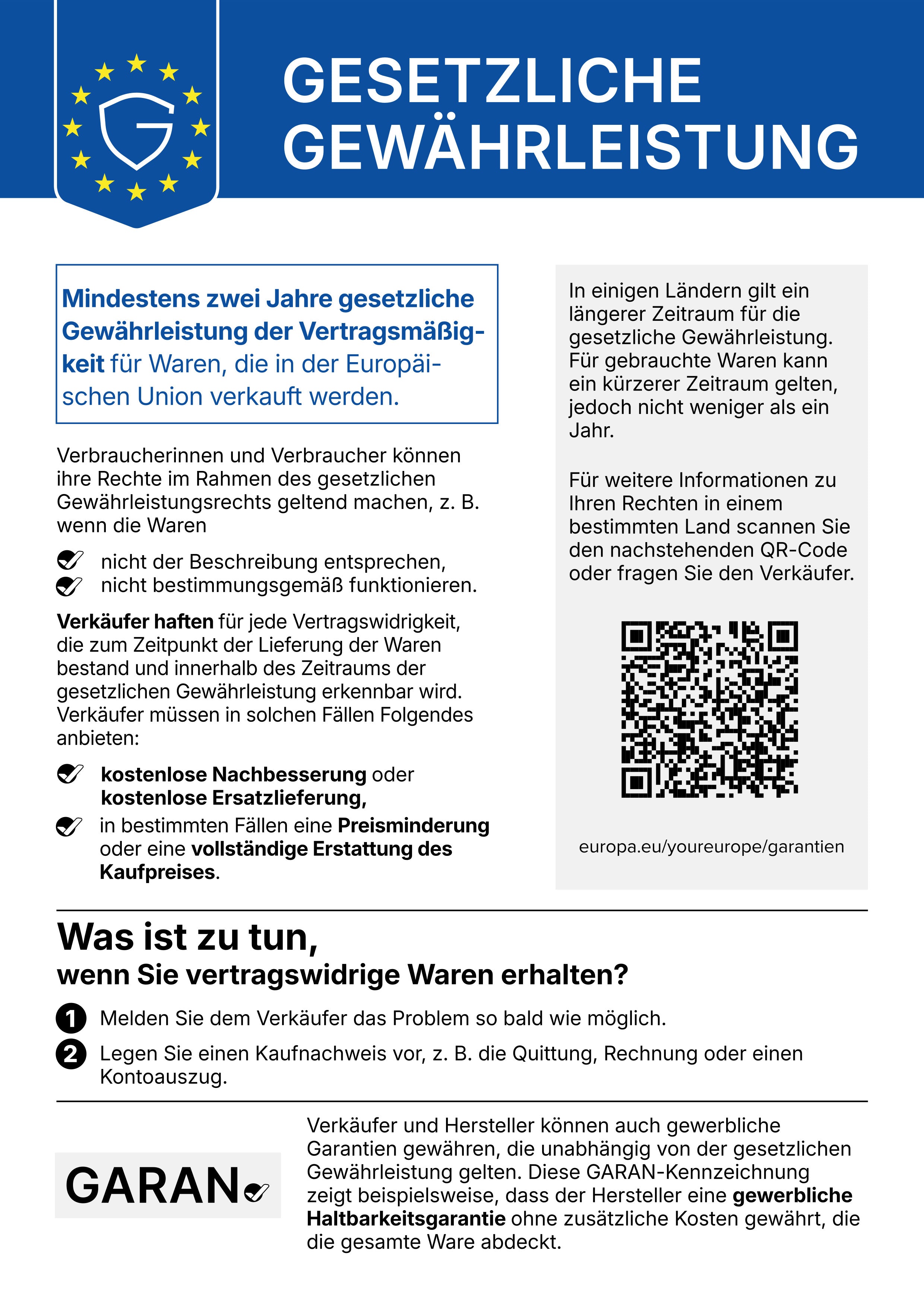 Banner "GESETZLICHE GEWÄHRLEISTUNG" erklärt EU-Verbraucherrechte, Verkäuferpflichten und Vorgehen bei vertragswidrigen Waren mit QR-Code zu europa.eu/youreurope/garantie