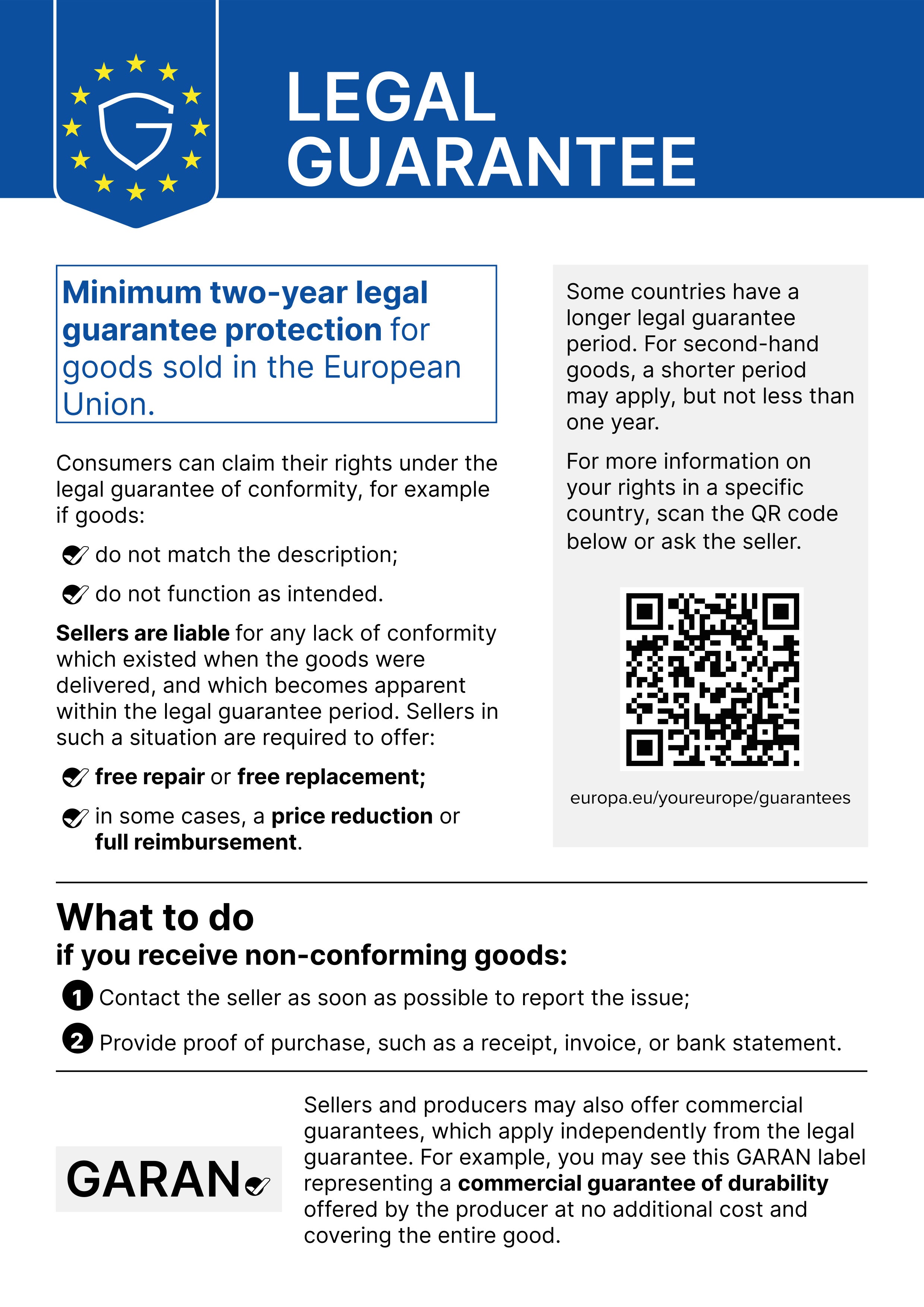 Banner titled Legal Guarantee explaining the EU
