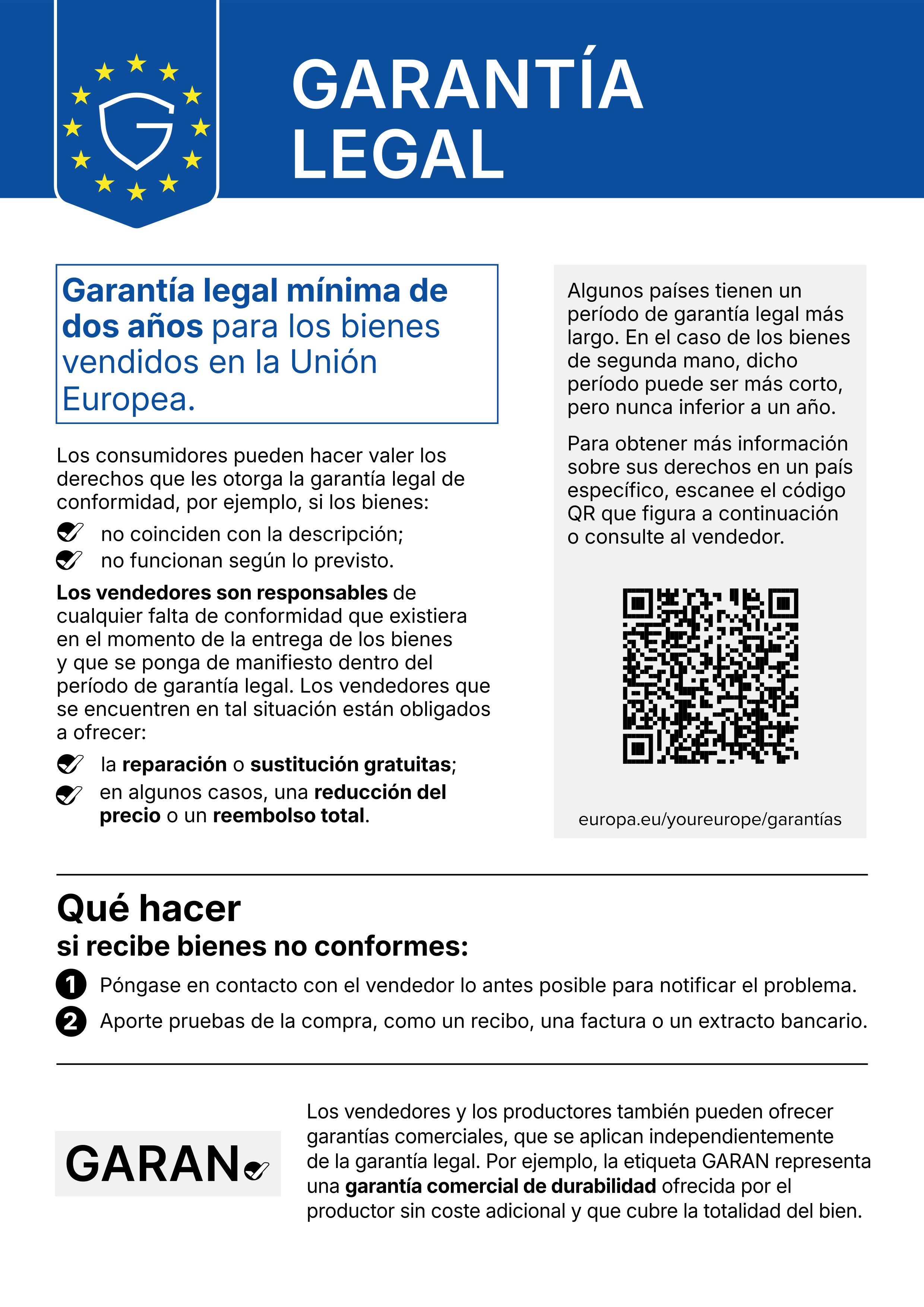 EU Legal Guarantee poster in Spanish explaining the two-year minimum warranty, consumer rights, and a QR code linking to europa.eu/youreurope/garantías.