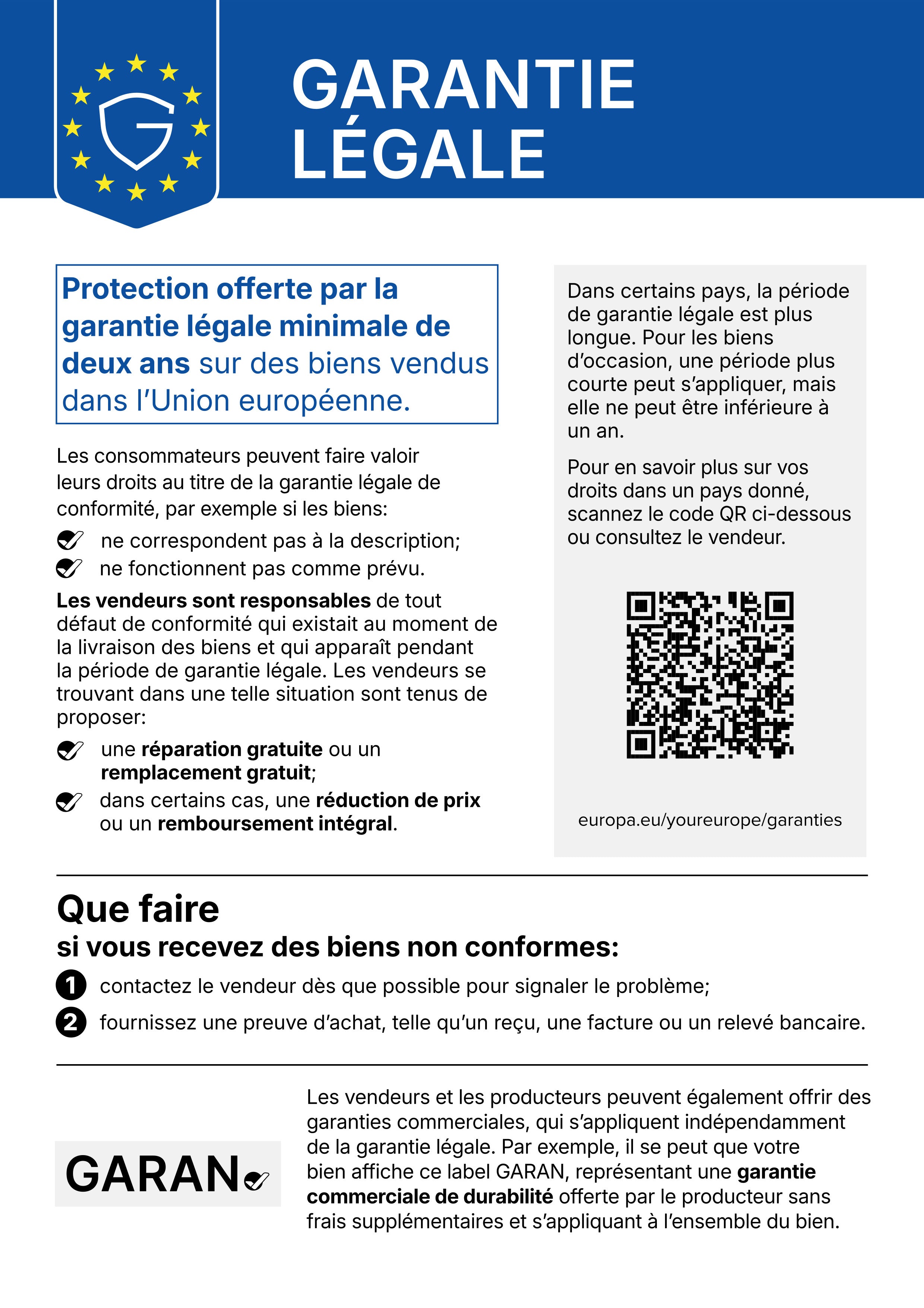 EU legal guarantee banner explaining the two-year minimum protection, seller responsibilities and steps for non-conforming goods, with a QR code link to europa.eu/youreurope/garanties