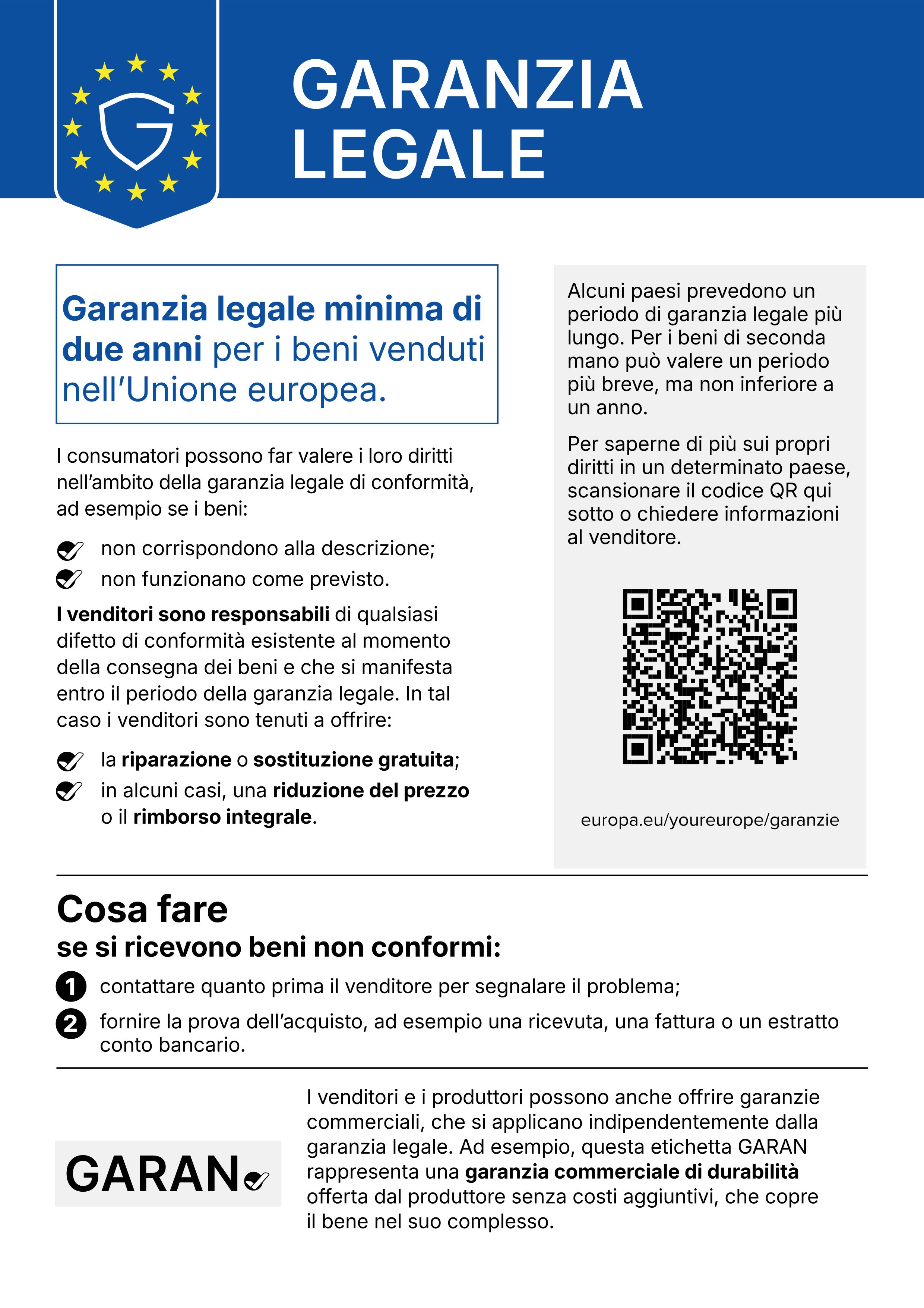 Banner "Garanzia legale" con dettagli sulla garanzia minima di due anni nell