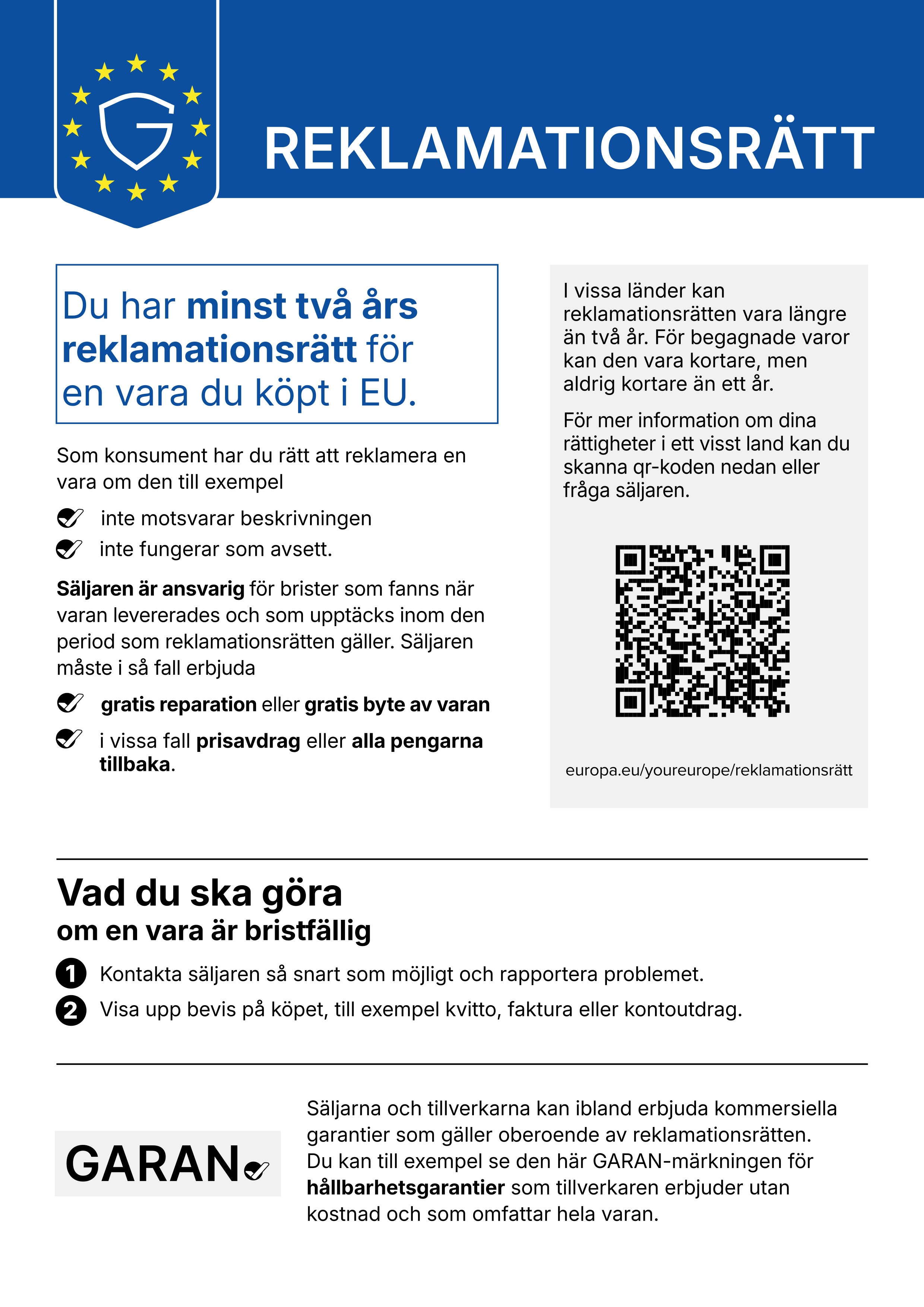 Banner titled "Reklamationsrätt" explaining EU consumer rights for at least two years