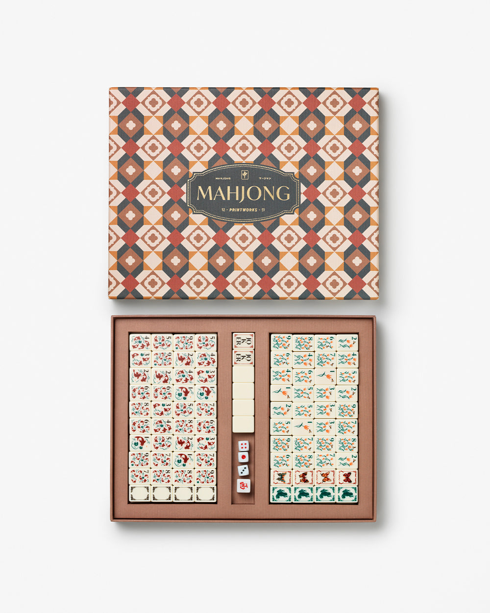 Mahjong set shown open with the patterned lid above the tray of tiles and dice on a light gray background.